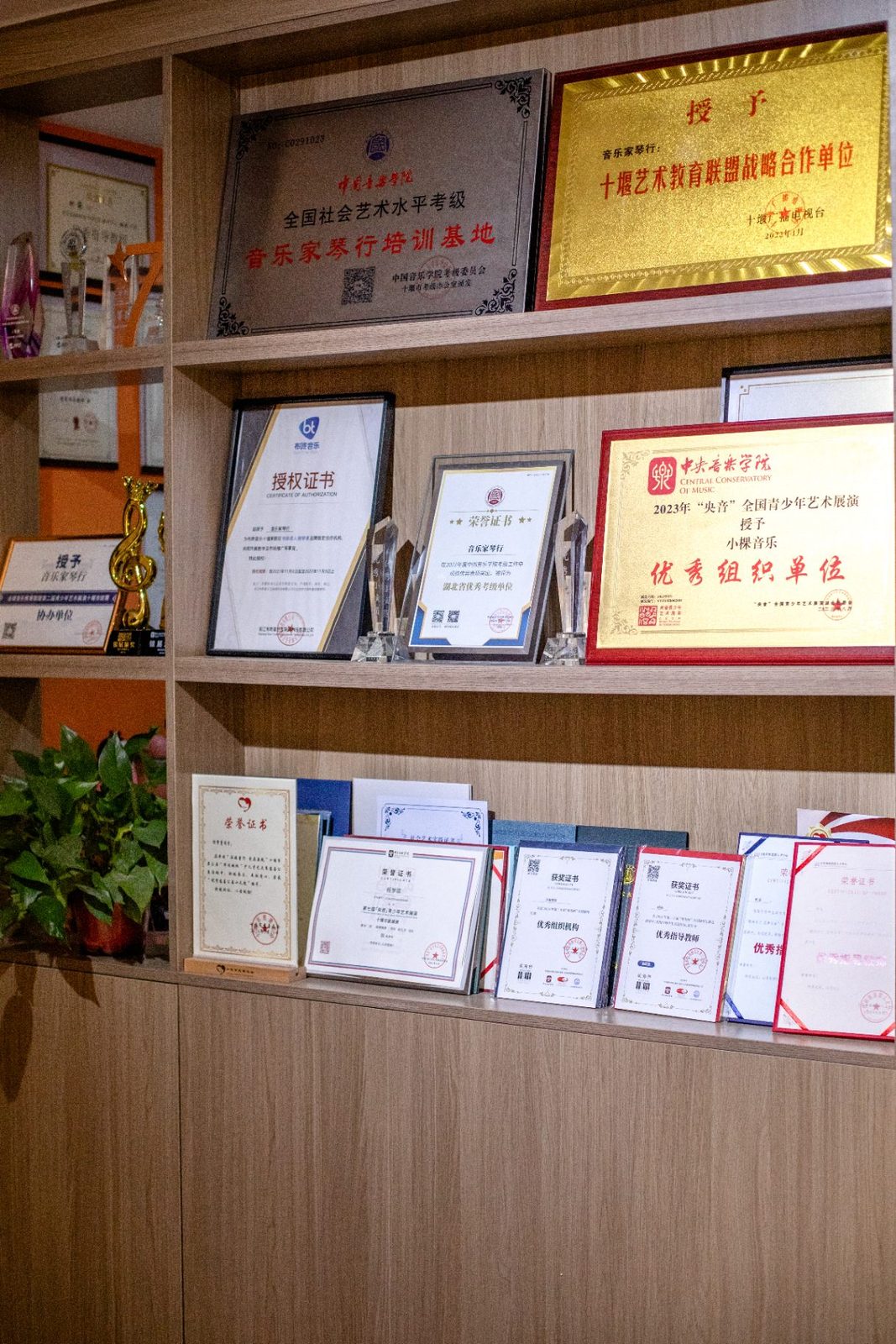 荣誉墙:中国音乐学院音乐家琴行培训基地、央音展演优秀组织单位等牌匾